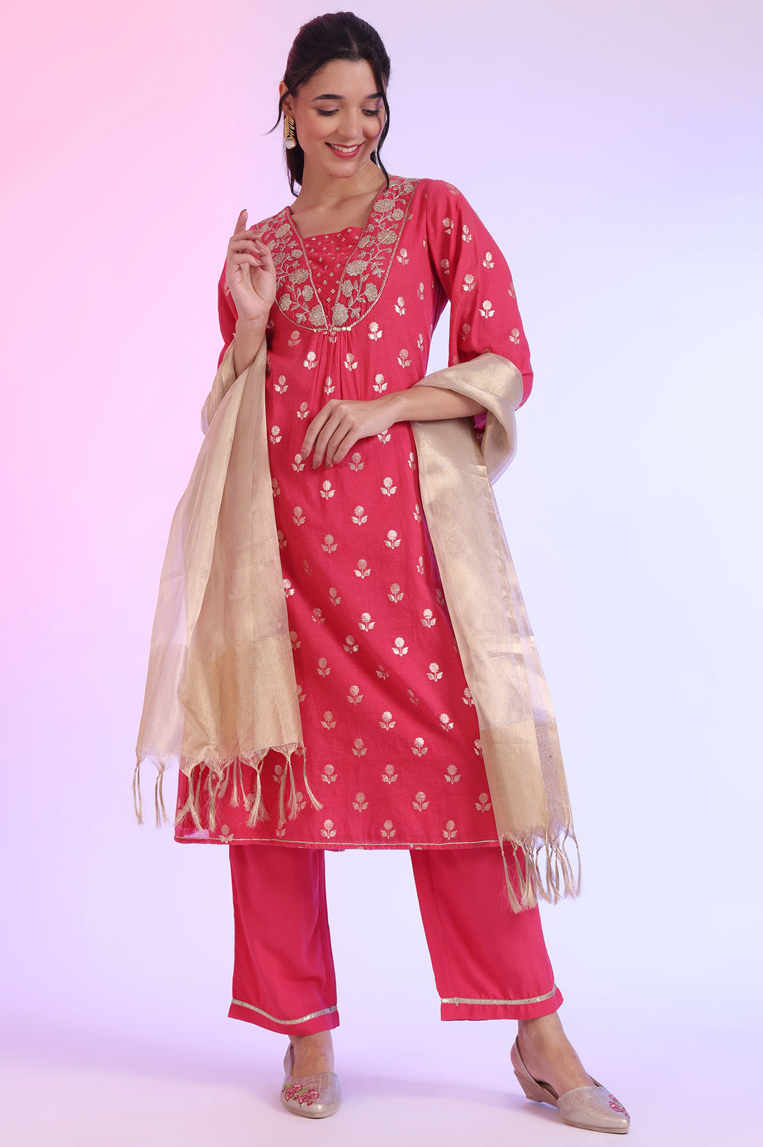 Pink Yarn Dyed Blend A-Line Kurta with Palazzos &amp; Dupatta Set