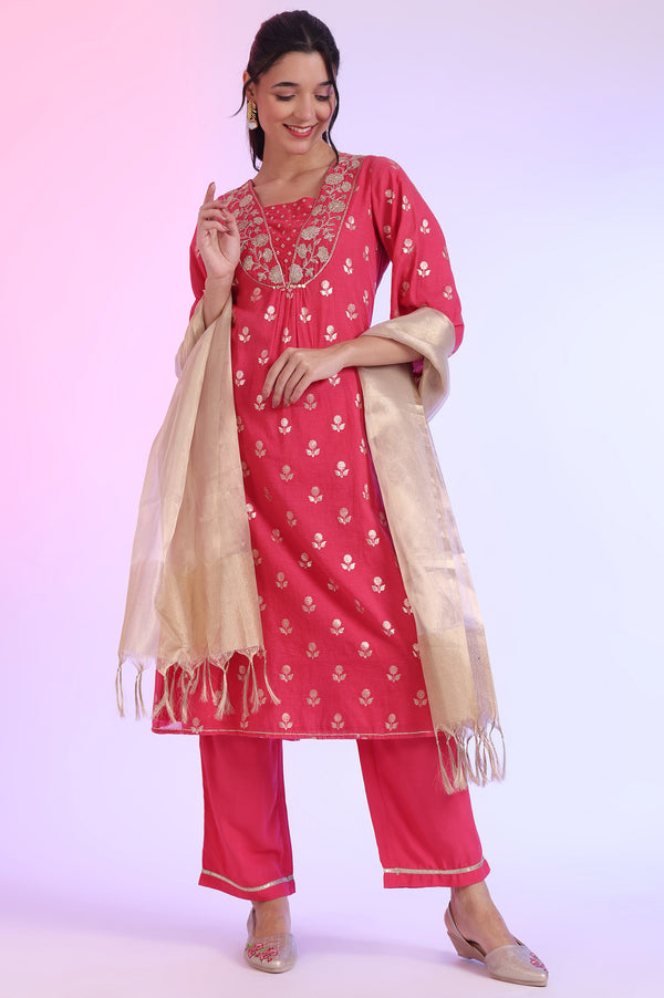 Pink Yarn Dyed Blend A-Line Kurta with Palazzos & Dupatta Set