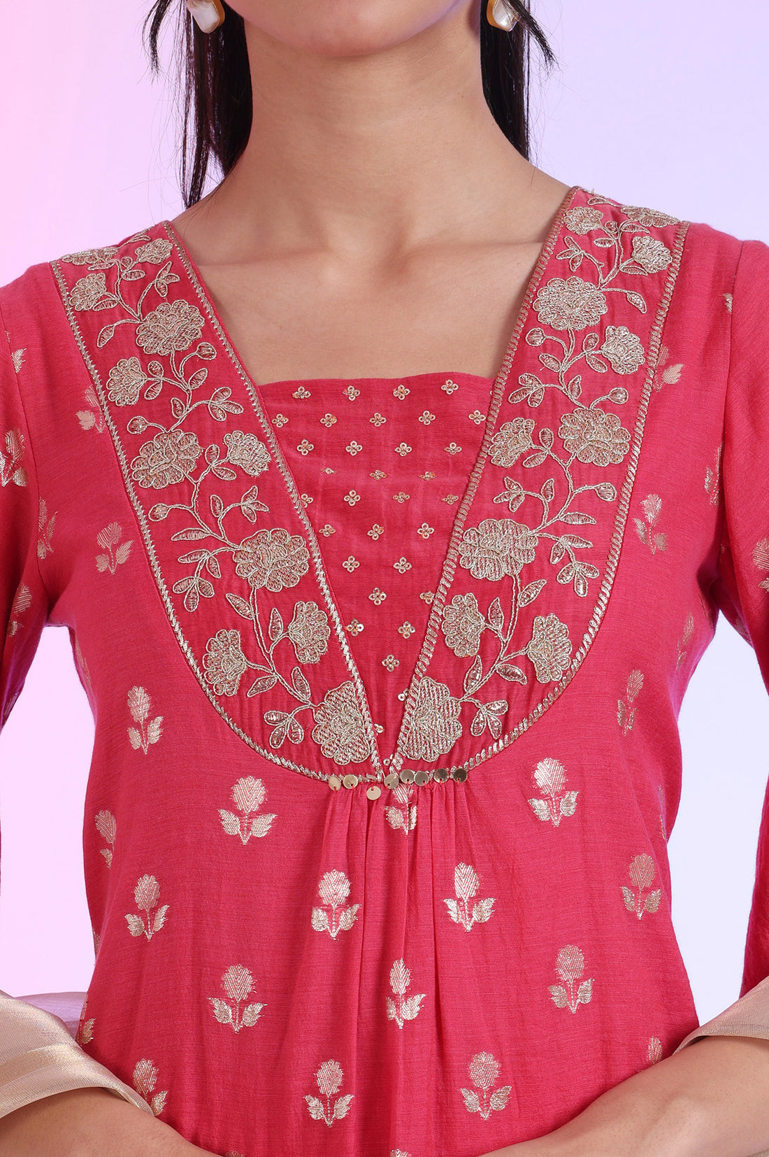 Pink Yarn Dyed Blend A-Line Kurta with Palazzos &amp; Dupatta Set