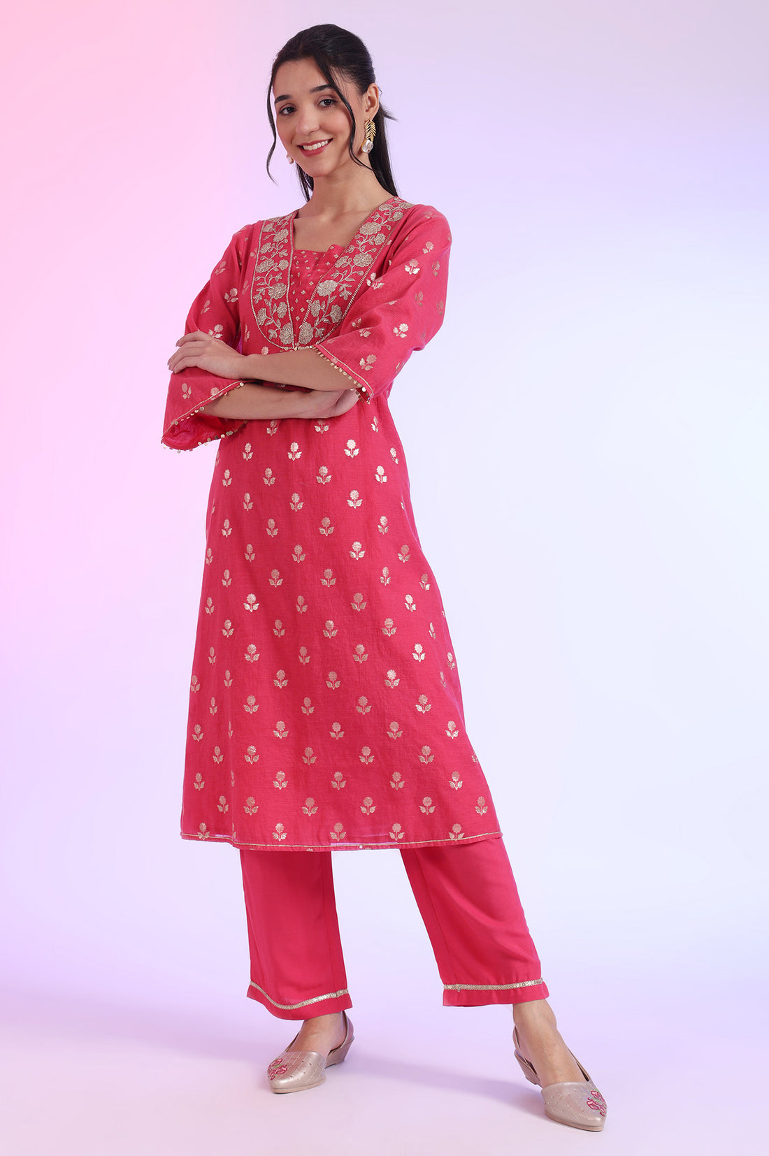 Pink Yarn Dyed Blend A-Line Kurta with Palazzos &amp; Dupatta Set