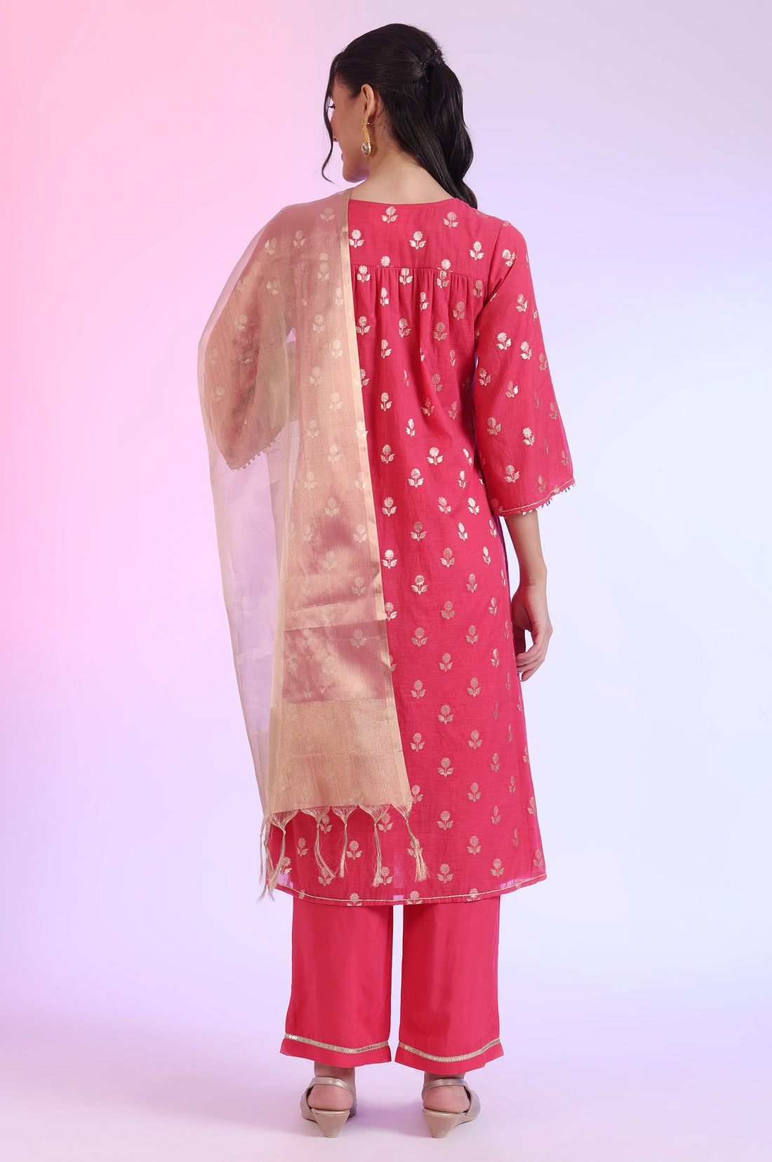 Pink Yarn Dyed Blend A-Line Kurta with Palazzos &amp; Dupatta Set