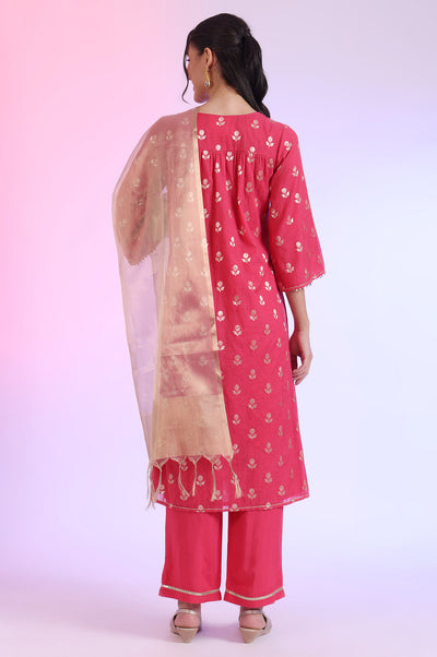 Pink Yarn Dyed Blend A-Line Kurta with Palazzos & Dupatta Set