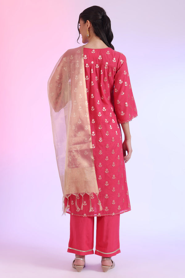 Pink Yarn Dyed Blend A-Line Kurta with Palazzos & Dupatta Set