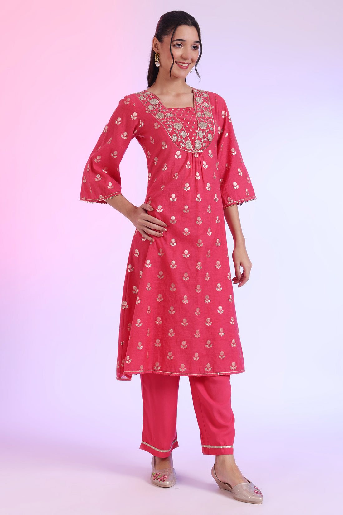 Pink Yarn Dyed Blend A-Line Kurta with Palazzos &amp; Dupatta Set