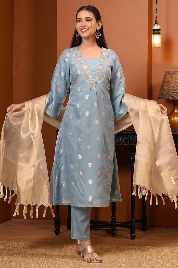 Powder Blue Dori Embroidered A-line Kurta, Palazzos and Dupatta Set