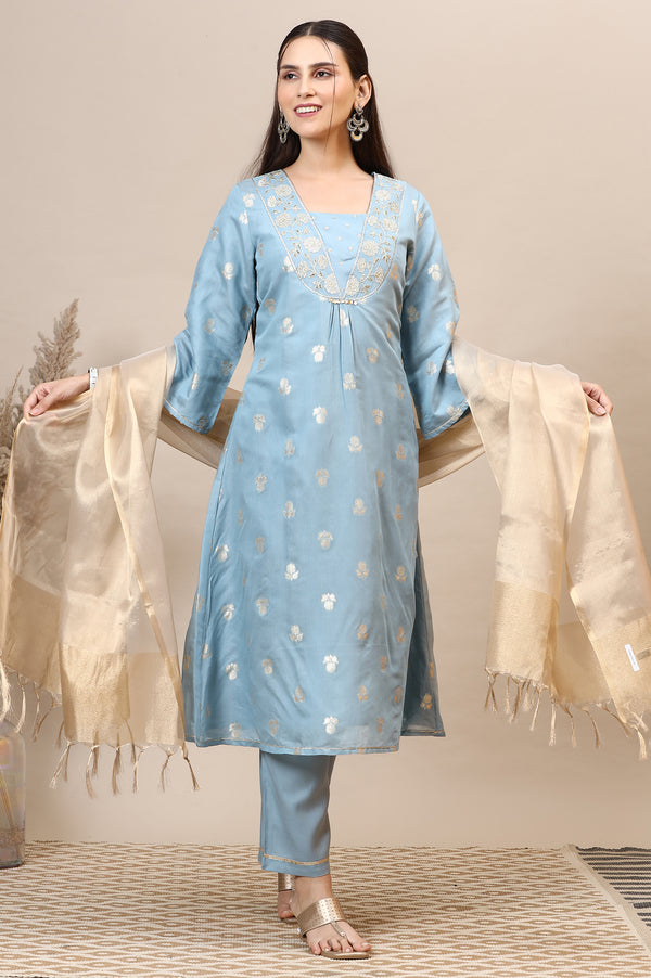 Powder Blue Dori Embroidered A-line Kurta, Palazzos and Dupatta Set