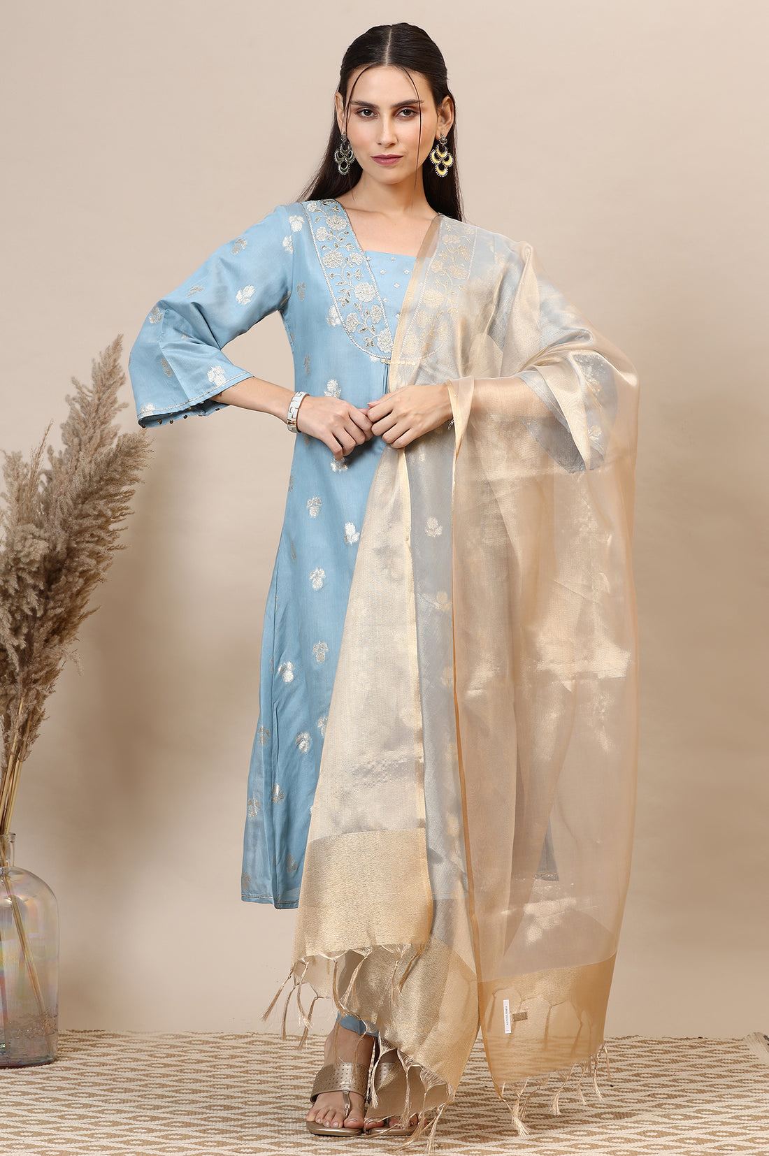 Powder Blue Dori Embroidered A-line Kurta, Palazzos and Dupatta Set
