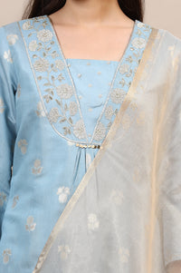Powder Blue Dori Embroidered A-line Kurta, Palazzos and Dupatta Set