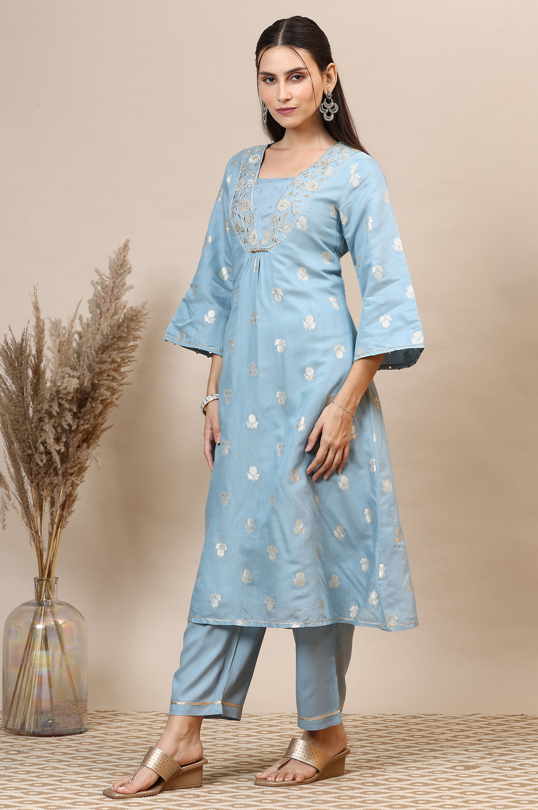 Powder Blue Dori Embroidered A-line Kurta, Palazzos and Dupatta Set
