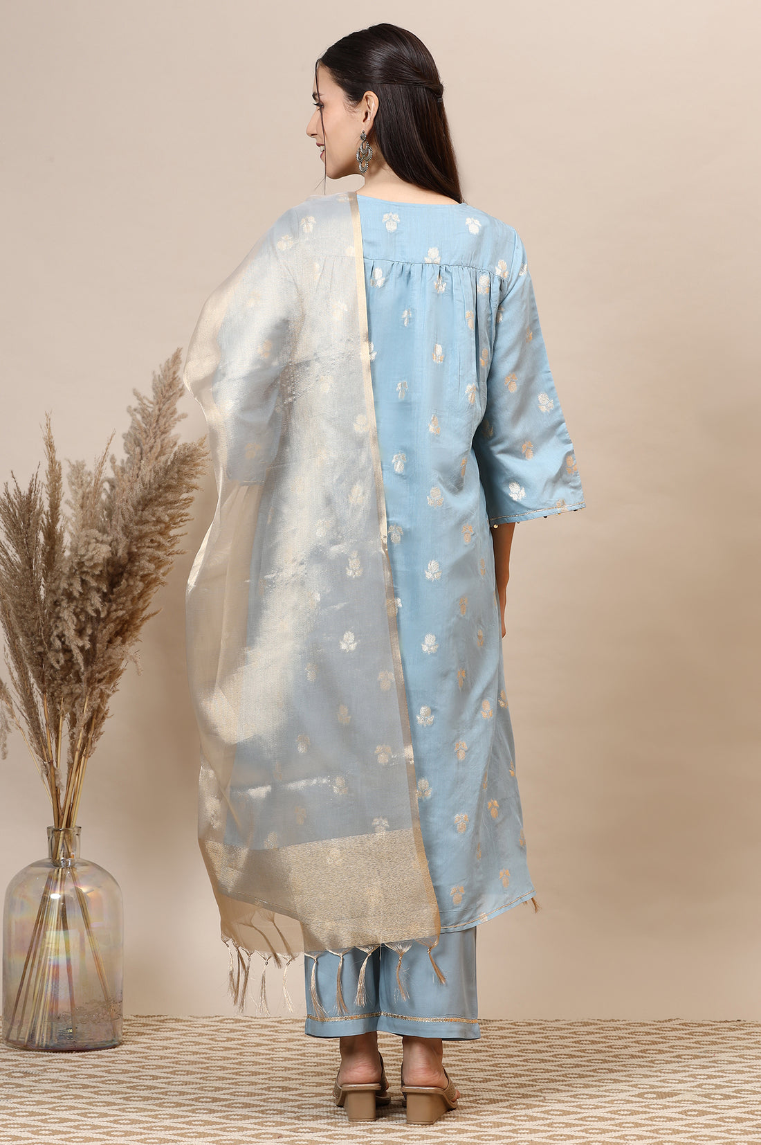 Powder Blue Dori Embroidered A-line Kurta, Palazzos and Dupatta Set