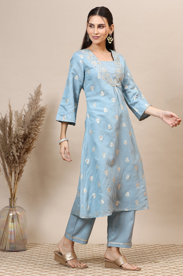 Powder Blue Dori Embroidered A-line Kurta, Palazzos and Dupatta Set