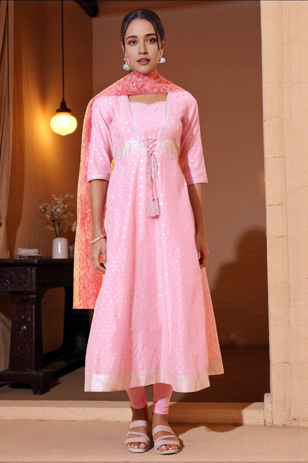 Pink Jacquard Dori Embroidered Anarkali Kurta, Churidar and Dupatta Set