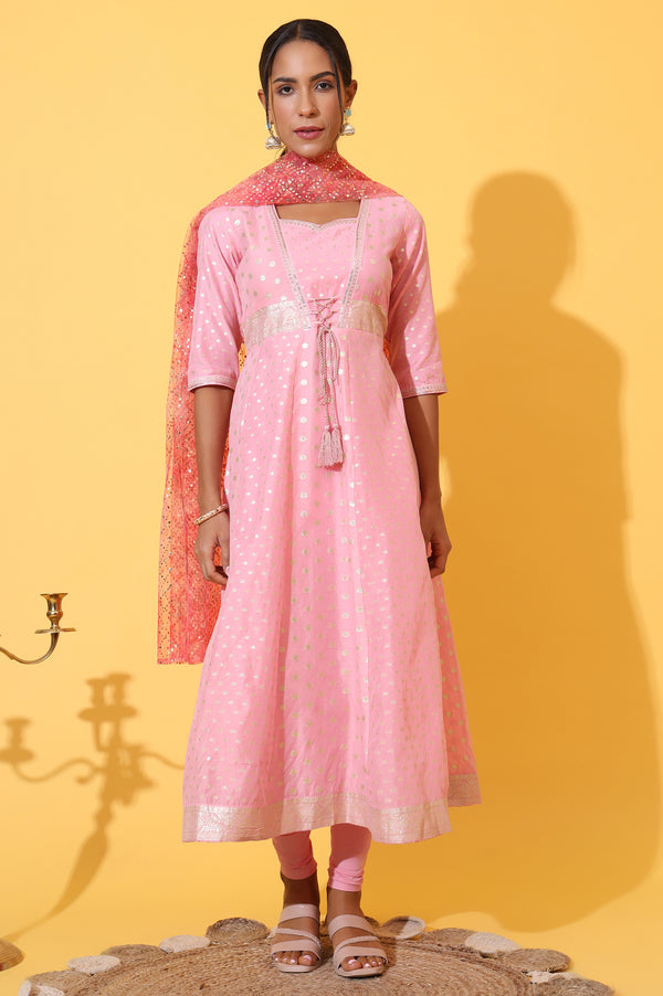 Pink Jacquard Dori Embroidered Anarkali Kurta, Churidar and Dupatta Set
