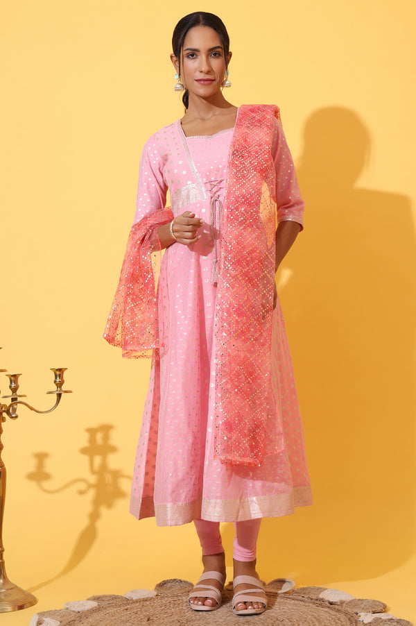 Pink Jacquard Dori Embroidered Anarkali Kurta, Churidar and Dupatta Set