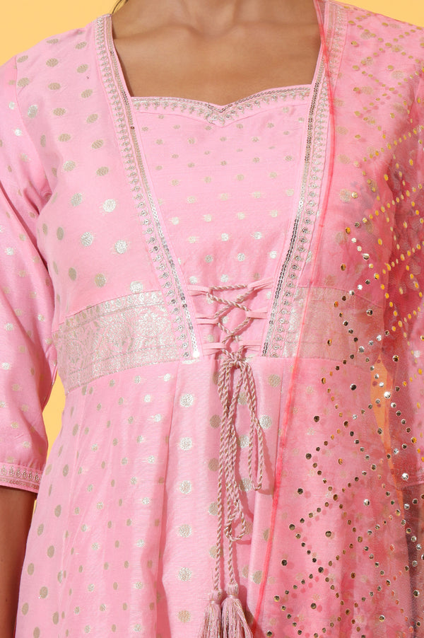 Pink Jacquard Dori Embroidered Anarkali Kurta, Churidar and Dupatta Set