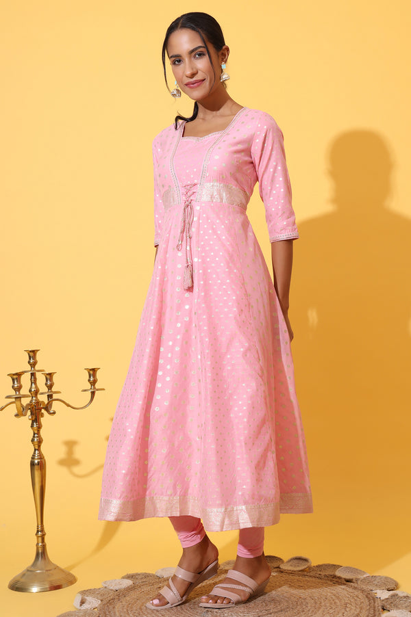 Pink Jacquard Dori Embroidered Anarkali Kurta, Churidar and Dupatta Set