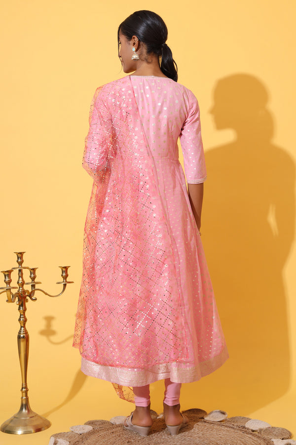 Pink Jacquard Dori Embroidered Anarkali Kurta, Churidar and Dupatta Set