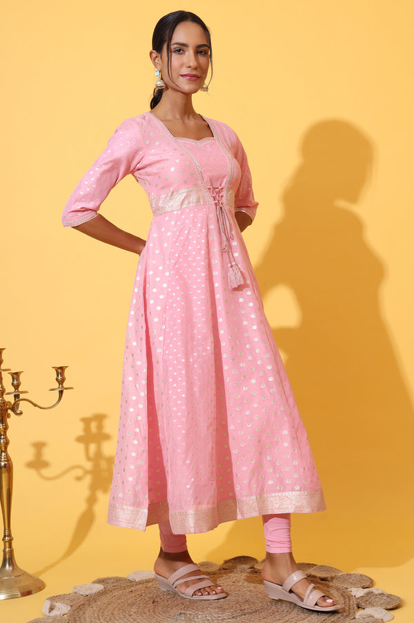 Pink Jacquard Dori Embroidered Anarkali Kurta, Churidar and Dupatta Set