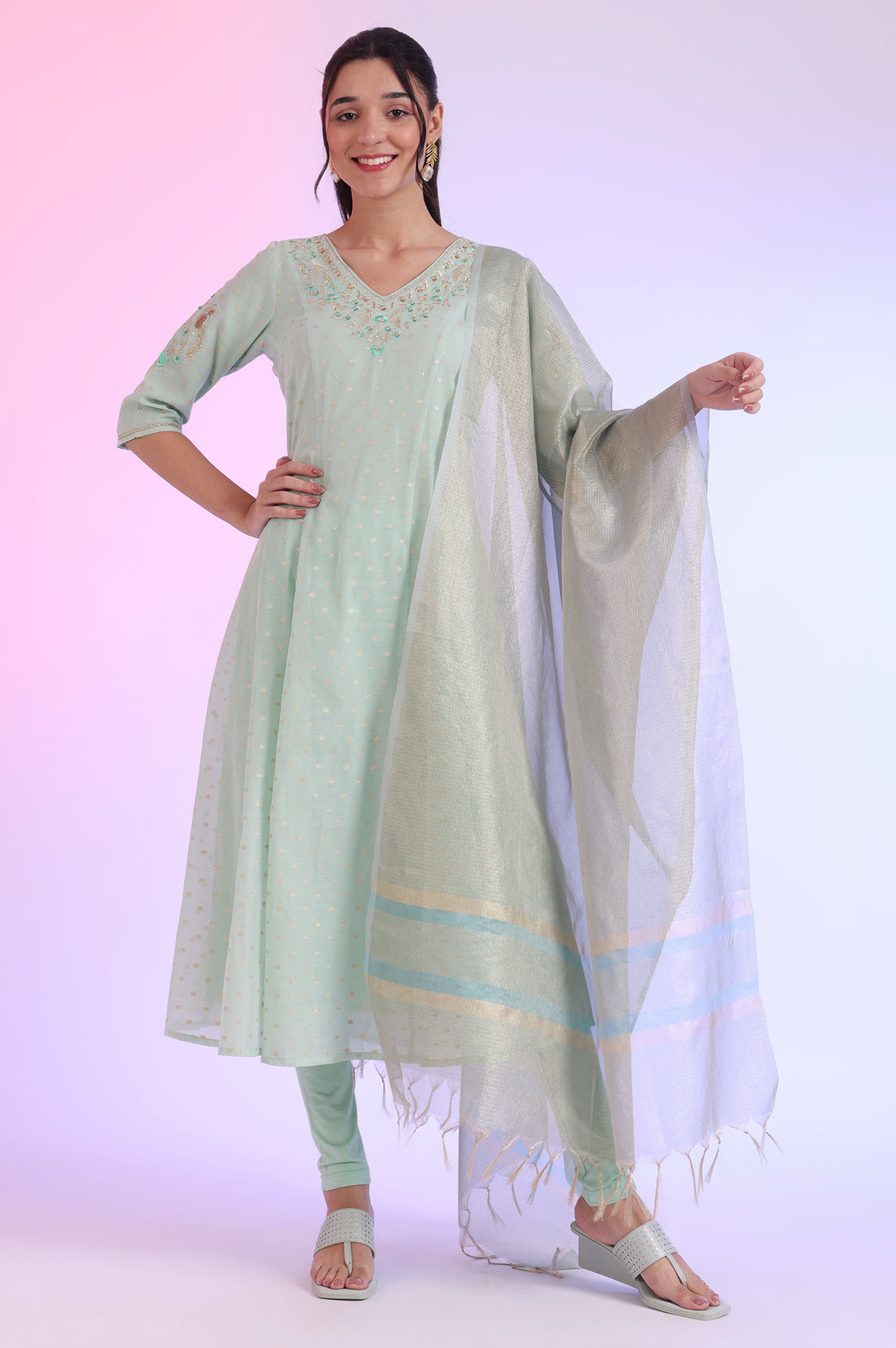 Green Yarn Dyed Anarkali with Leggings Dupatta Set XS