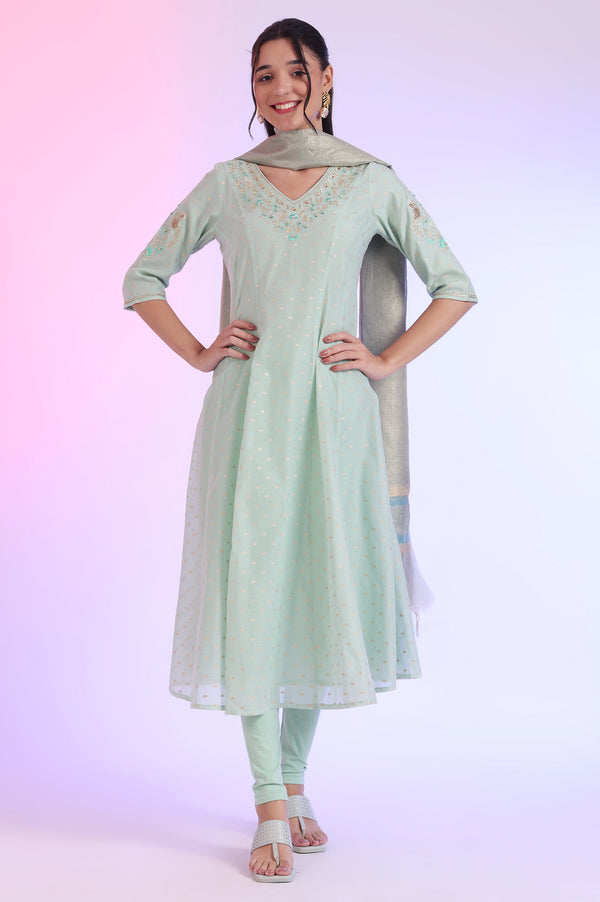 Green Yarn Dyed Anarkali with Leggings & Dupatta Set
