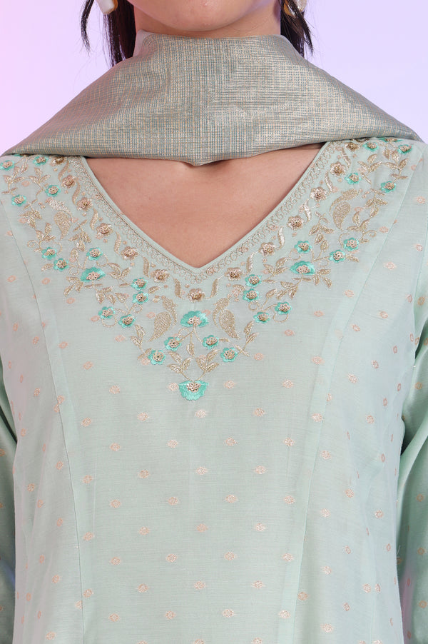 Green Yarn Dyed Anarkali with Leggings & Dupatta Set