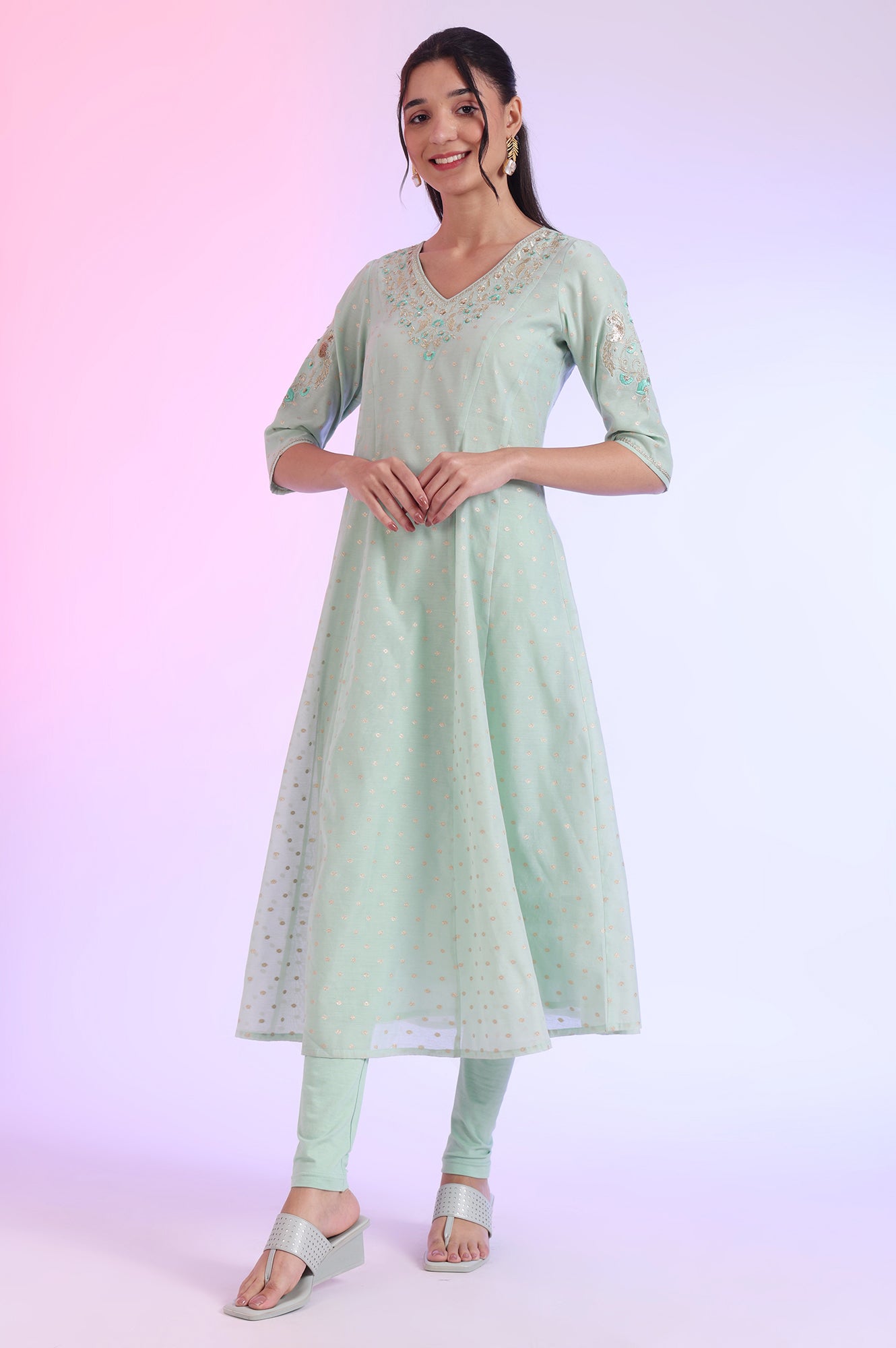 Green Yarn Dyed Anarkali with Leggings &amp; Dupatta Set