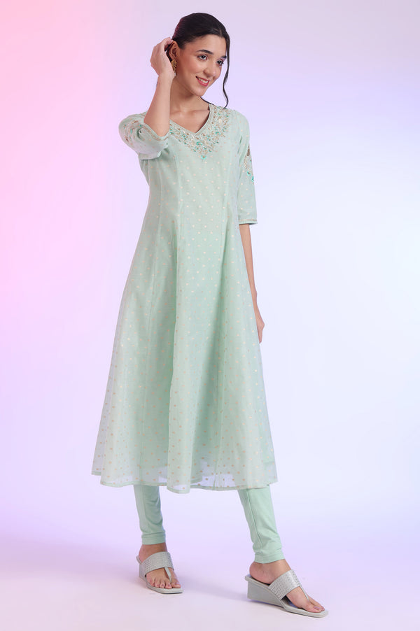 Green Yarn Dyed Anarkali with Leggings & Dupatta Set