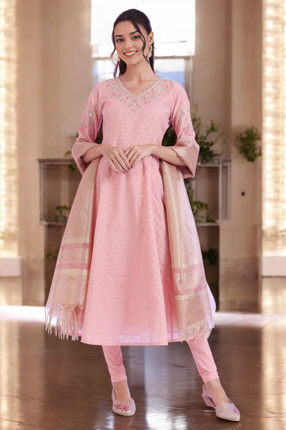 Buy Pink Yarn Dyed Anarkali with Leggings Dupatta Set Online for
