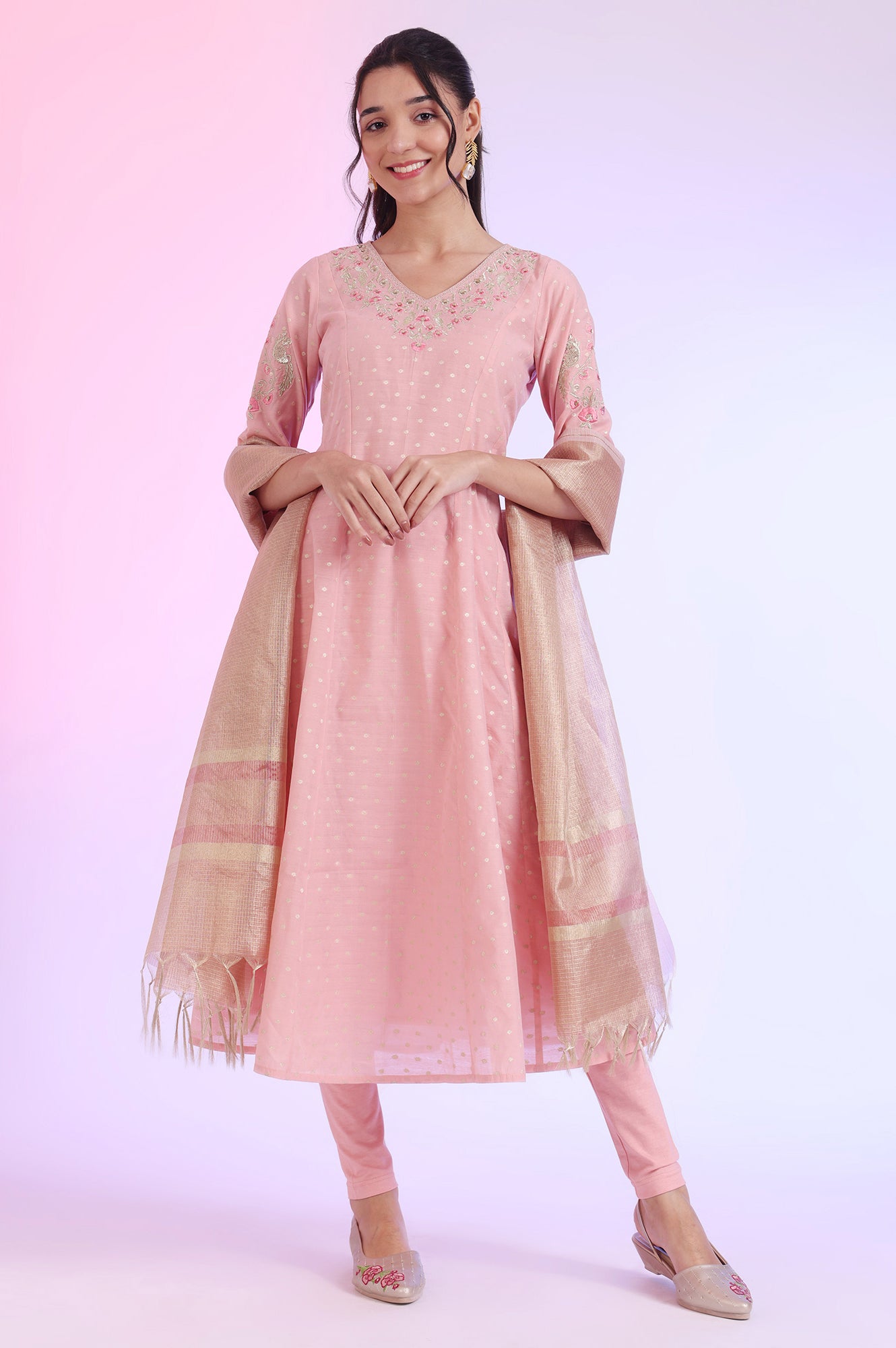 Pink Yarn Dyed Anarkali with Leggings &amp; Dupatta Set