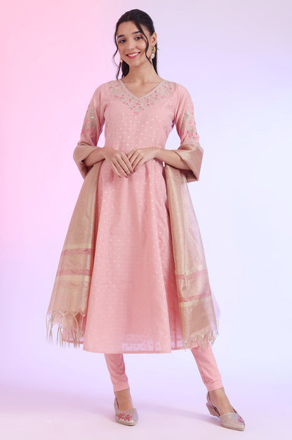 Pink Yarn Dyed Anarkali with Leggings &amp; Dupatta Set