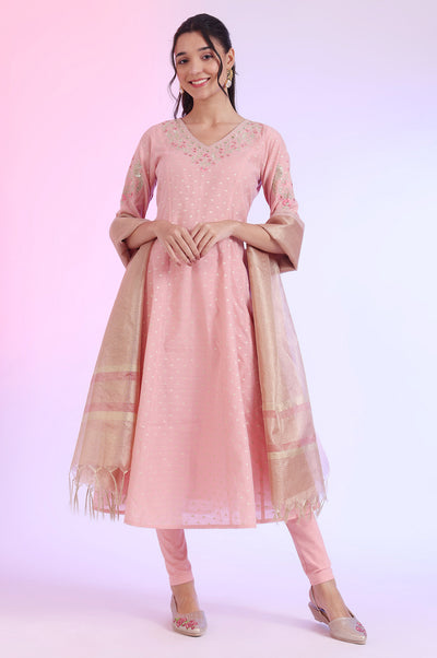 Pink Yarn Dyed Anarkali with Leggings & Dupatta Set