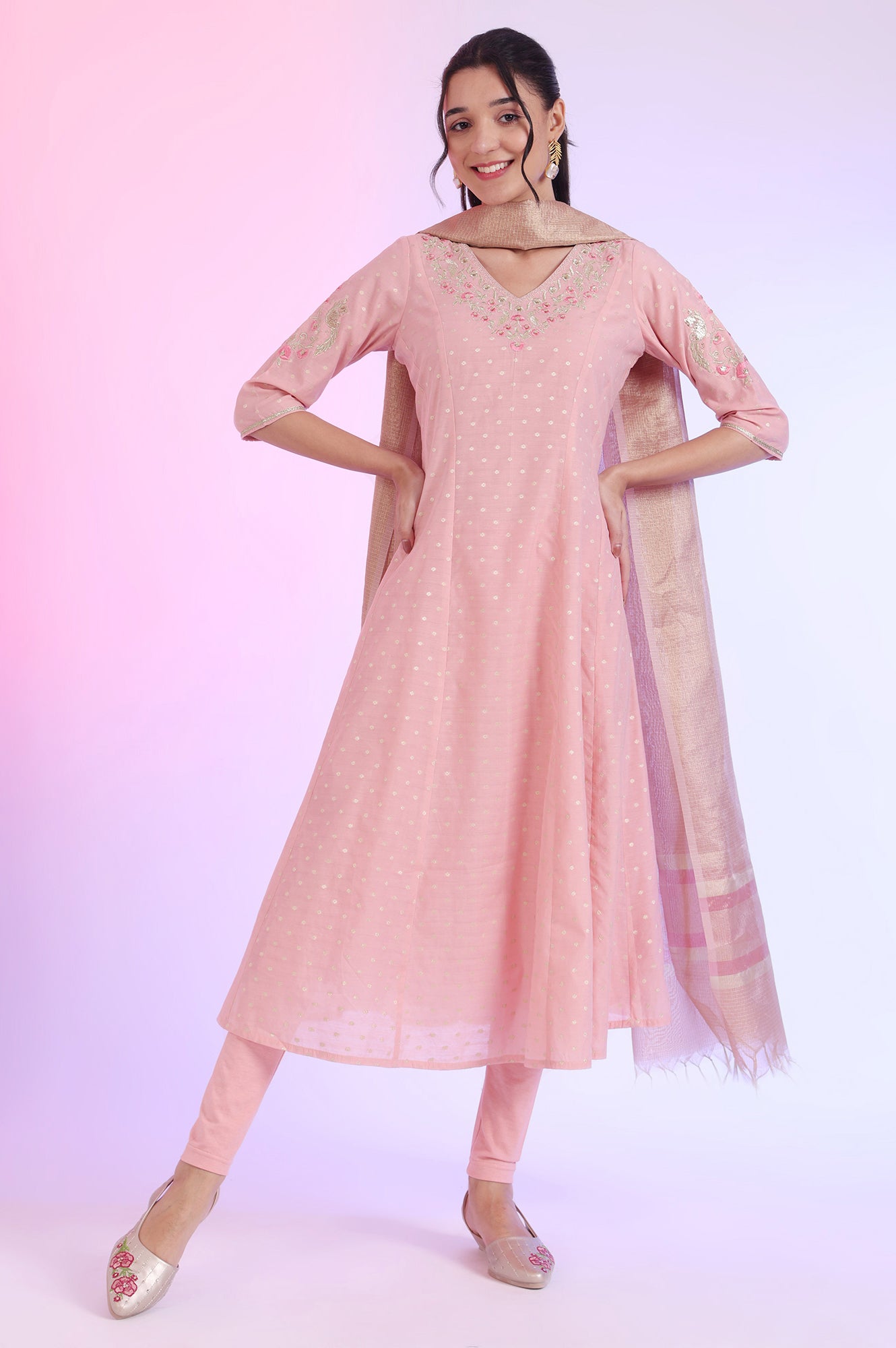 Pink Yarn Dyed Anarkali with Leggings &amp; Dupatta Set