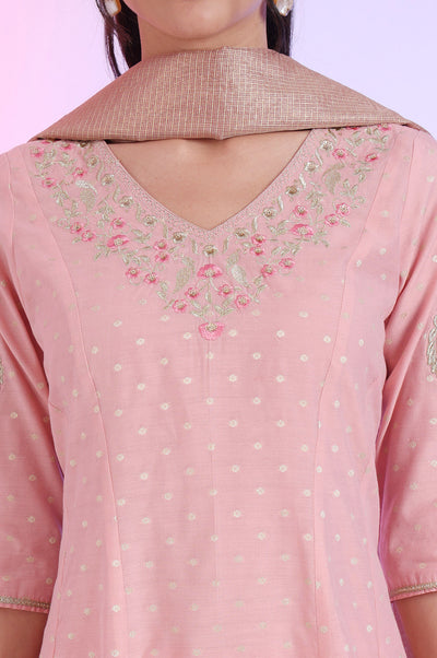 Pink Yarn Dyed Anarkali with Leggings & Dupatta Set