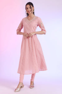 Pink Yarn Dyed Anarkali with Leggings &amp; Dupatta Set