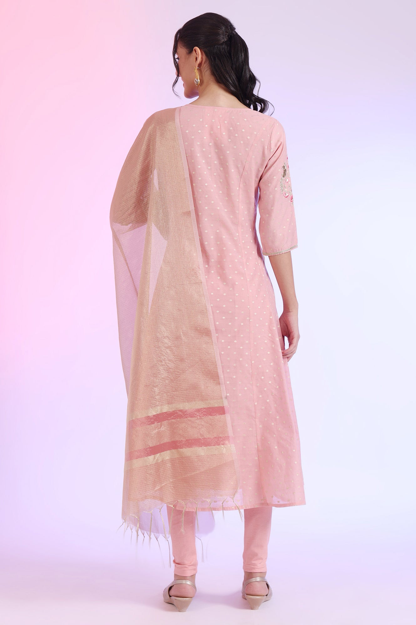 Pink Yarn Dyed Anarkali with Leggings &amp; Dupatta Set