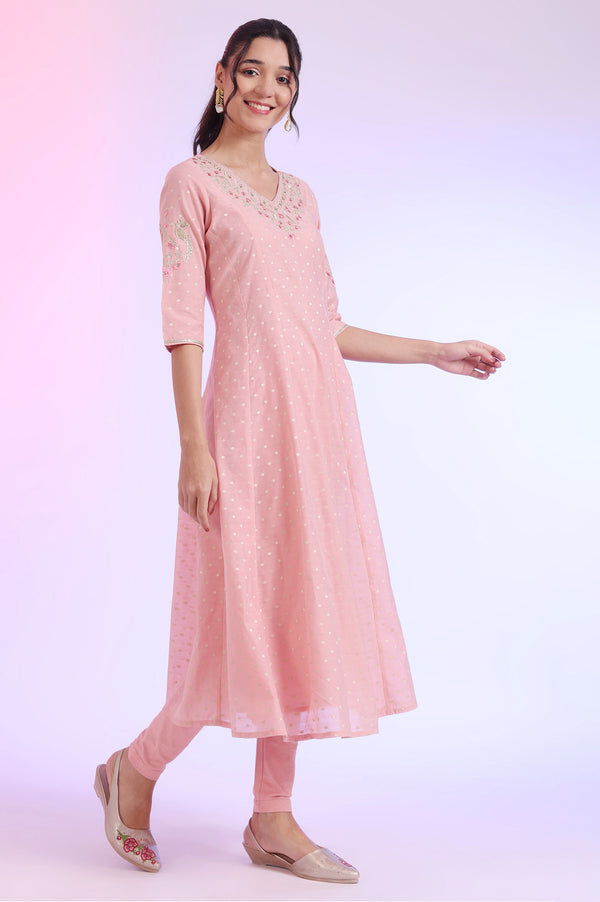 Pink Yarn Dyed Anarkali with Leggings & Dupatta Set
