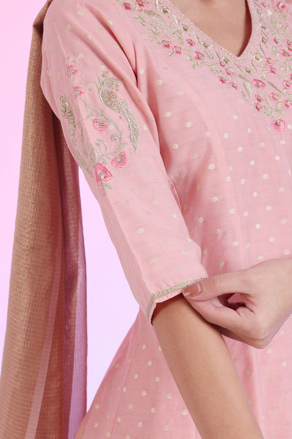 Pink Yarn Dyed Anarkali with Leggings & Dupatta Set