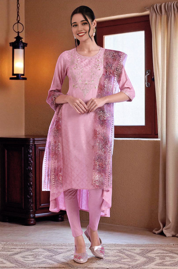 Purple Embroidered Asymmetrical Kurta with Leggings & Dupatta Set