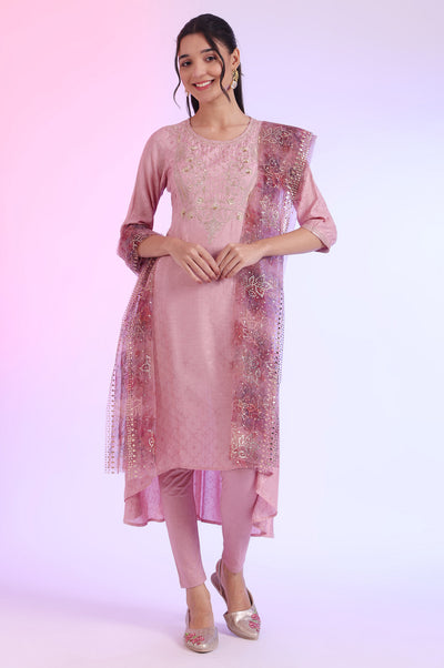 Purple Embroidered Asymmetrical Kurta with Leggings & Dupatta Set