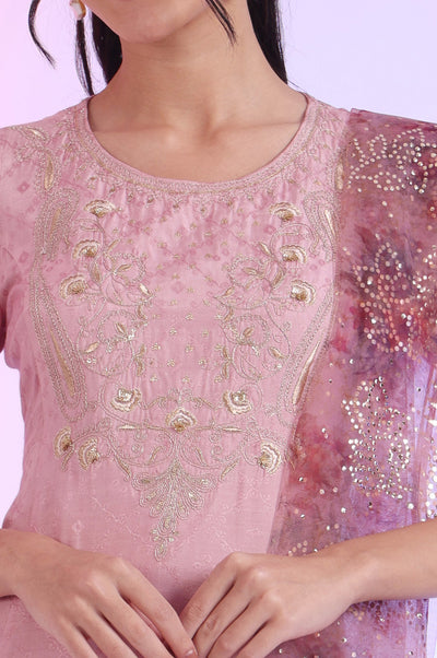 Purple Embroidered Asymmetrical Kurta with Leggings & Dupatta Set