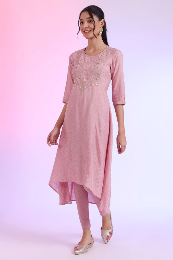 Purple Embroidered Asymmetrical Kurta with Leggings & Dupatta Set