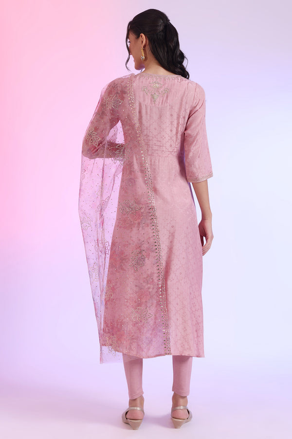 Purple Embroidered Asymmetrical Kurta with Leggings & Dupatta Set