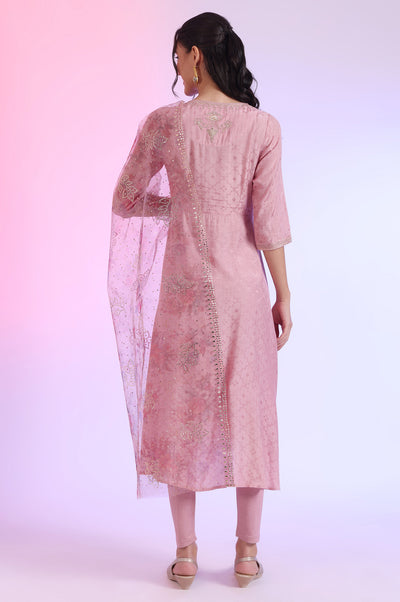 Purple Embroidered Asymmetrical Kurta with Leggings & Dupatta Set