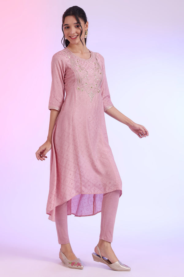 Purple Embroidered Asymmetrical Kurta with Leggings & Dupatta Set