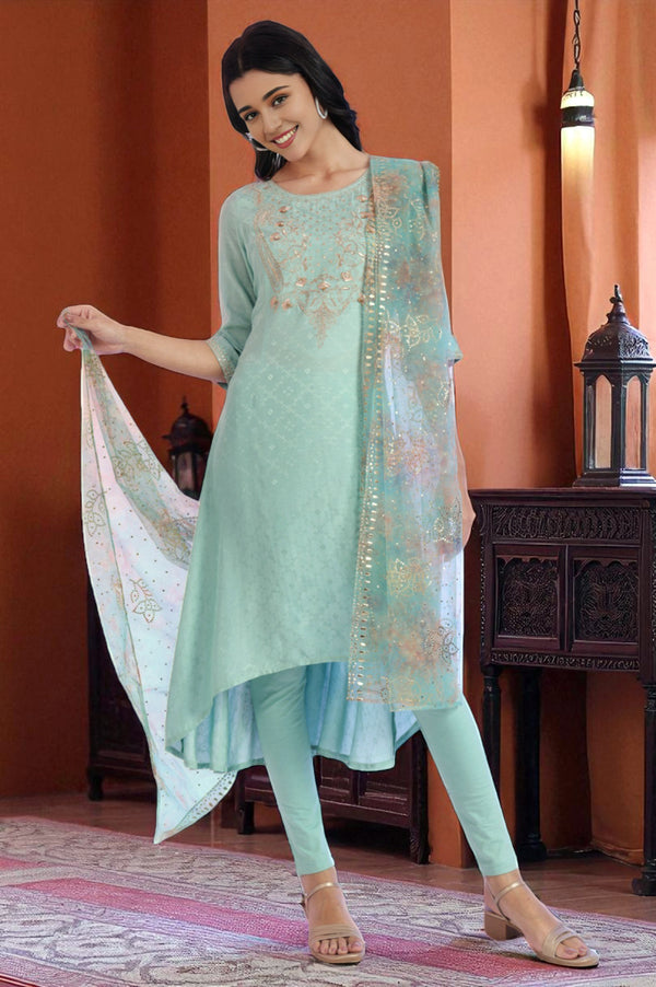 Green Embroidered Asymmetrical Kurta with Leggings & Dupatta Set