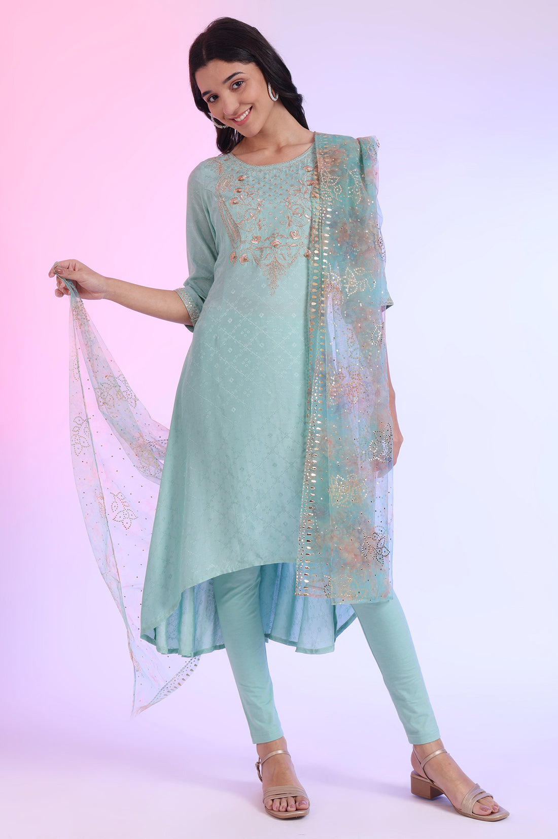 Green Embroidered Asymmetrical Kurta with Leggings &amp; Dupatta Set