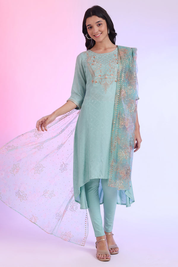 Green Embroidered Asymmetrical Kurta with Leggings & Dupatta Set