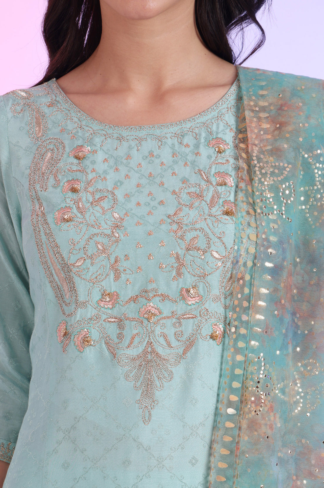 Green Embroidered Asymmetrical Kurta with Leggings &amp; Dupatta Set