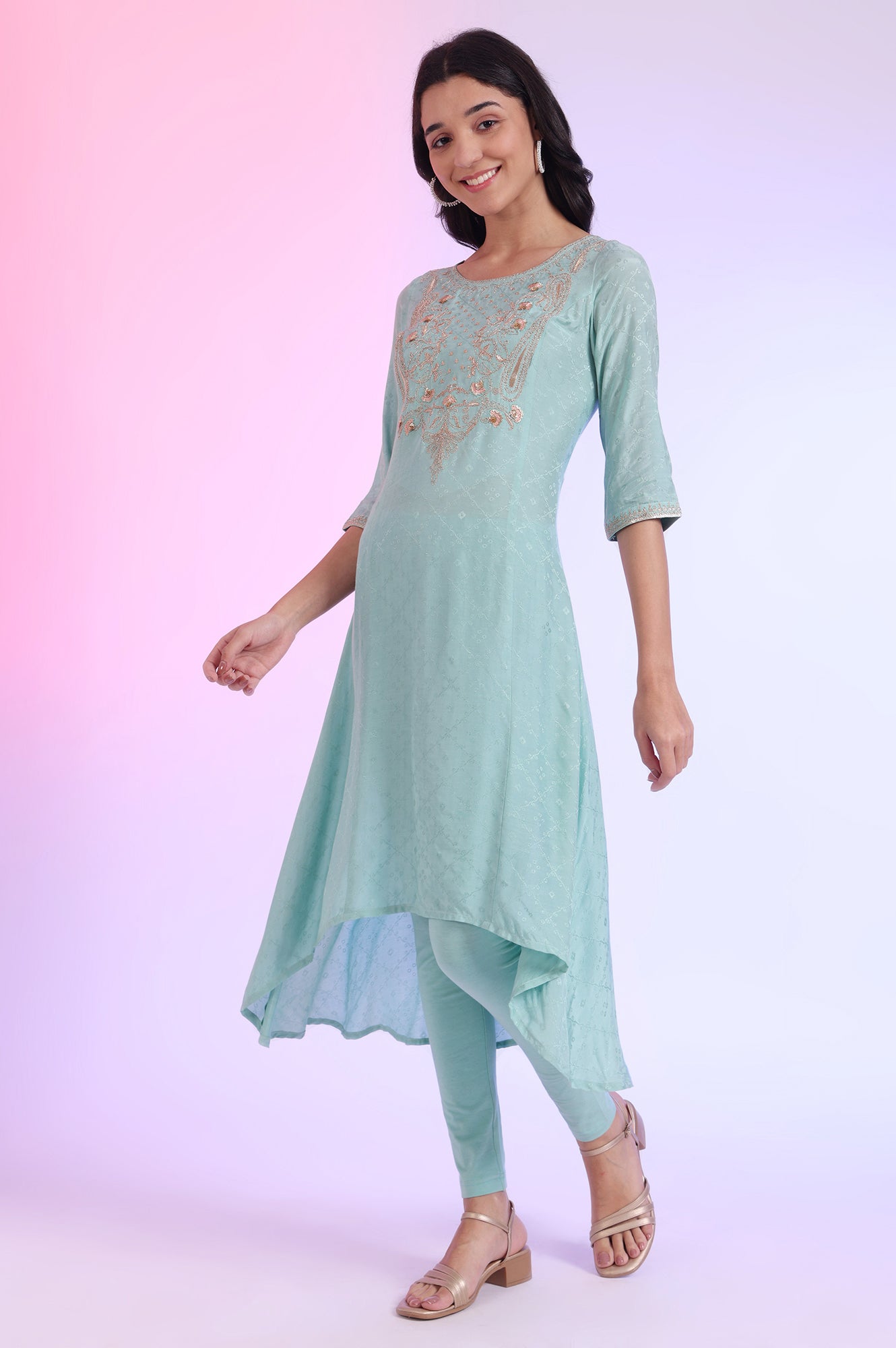 Green Embroidered Asymmetrical Kurta with Leggings &amp; Dupatta Set