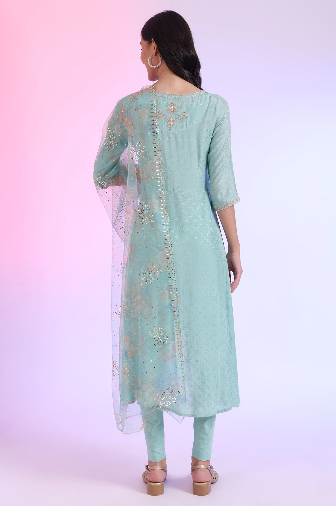 Green Embroidered Asymmetrical Kurta with Leggings &amp; Dupatta Set